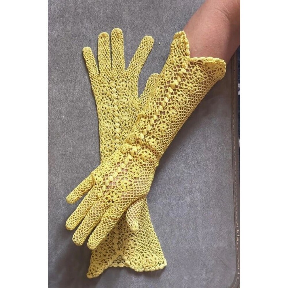 Daffodil Yellow Antique Irish Crochet Gauntlet Gloves Handmade 15” Length
